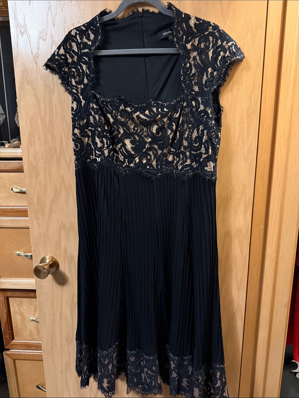 Tadashi Shoji Black Lace Midi Dress with Nude Lining